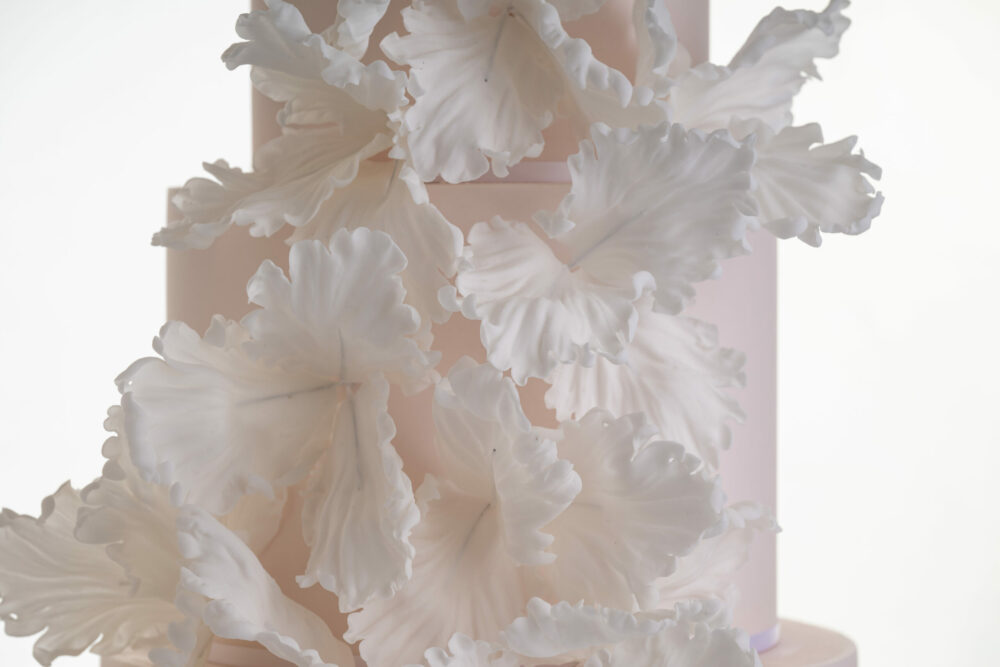 Details of the hand-crafted sugar flower petals on the luxury customisable wedding cake, Eloise, by Decorum Taste.