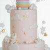 Detail of luxury contemporary, customisable celebration cake, Floating Unicorn by Decorum Taste, decorated in blush pink with embellishments of white clouds, stars with a unicorn at the top sitting in a pastel coloured hot air balloon and another resting on the top of the first tier.