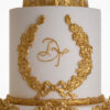 Detail of monogram in edible gold leaf on luxury customisable wedding cake, Lilibet, by Decorum Taste.