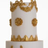 Elegant top two tiers of modern luxury customisable wedding cake, Lilibet, with gold decorative details, by Decorum Taste.