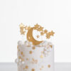 Single tier luxury contemporary, customisable, celebration cake, Moon Baby by Decorum Taste, in ivory with large golden moon, stars and clouds.